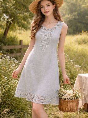 Lina Tomei linen dress size S sleeveless crochet A line grey cottage core luxury